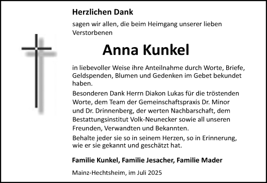 Traueranzeige von Anna Kunkel von Allgemeine Zeitung Mainz