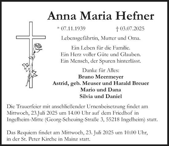 Traueranzeige von Anna Maria Hefner von Allgemeine Zeitung Rheinhessen-Nahe