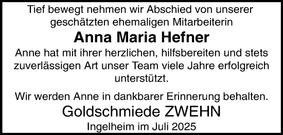 Traueranzeige von Anna Maria Hefner von Allgemeine Zeitung Rheinhessen-Nahe