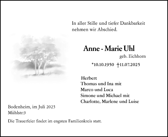 Traueranzeige von Anne-Marie Uhl von Allgemeine Zeitung Mainz