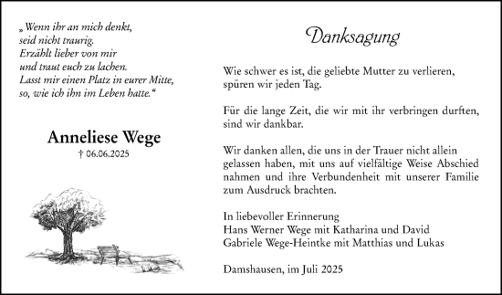 Traueranzeige von Anneliese Wege von Hinterländer Anzeiger