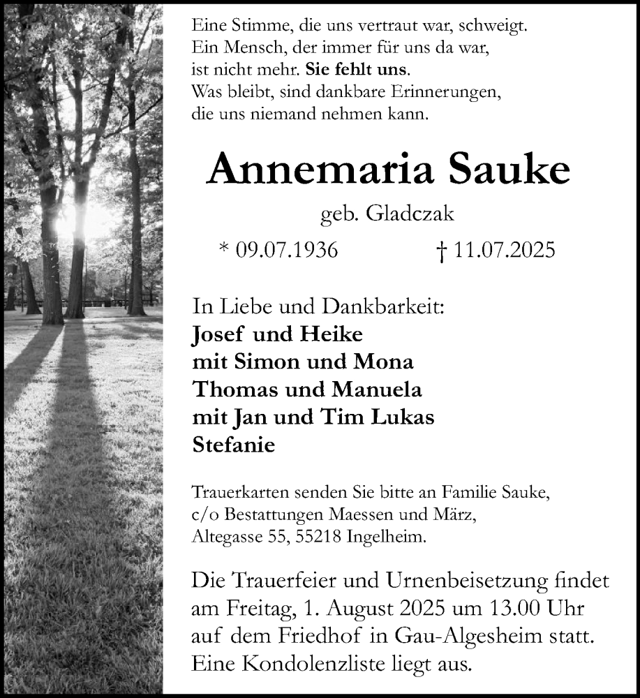  Traueranzeige für Annemaria Sauke vom 26.07.2025 aus Allgemeine Zeitung Rheinhessen-Nahe