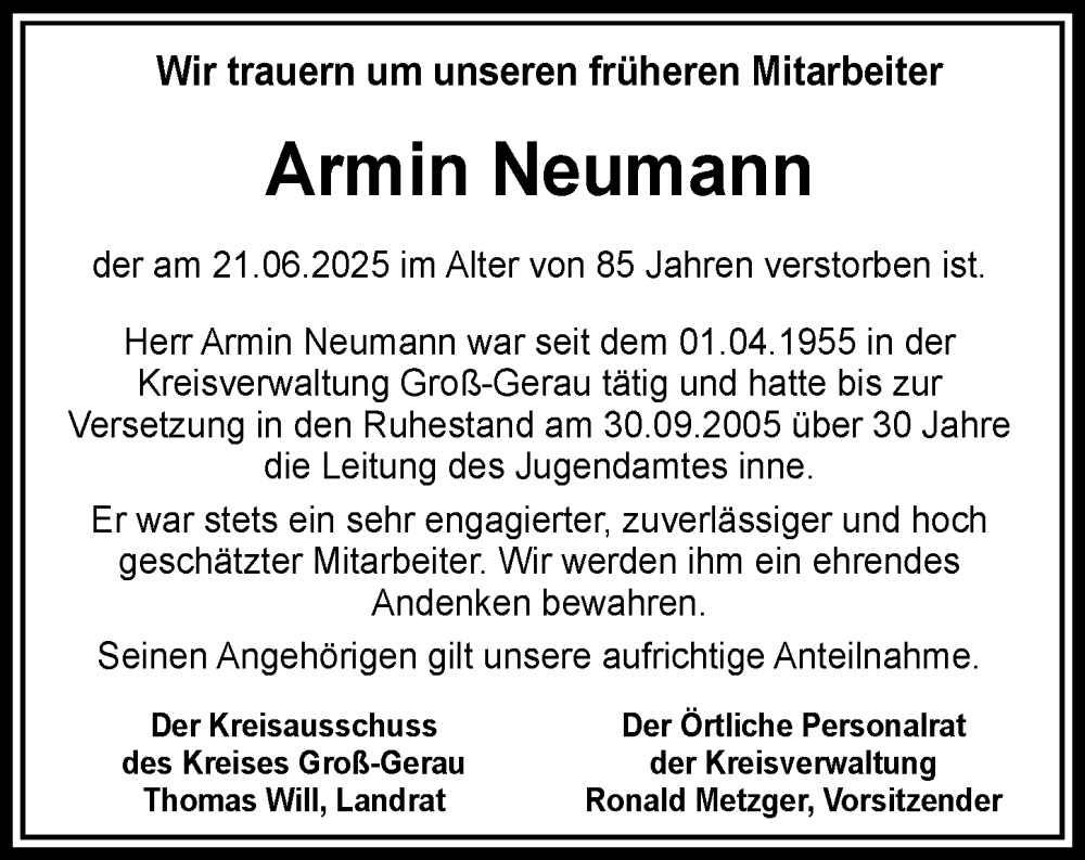  Traueranzeige für Armin Neumann vom 26.07.2025 aus Groß-Gerauer Echo