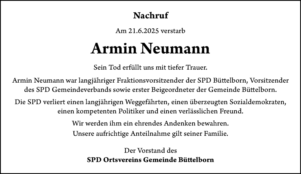  Traueranzeige für Armin Neumann vom 19.07.2025 aus Groß-Gerauer Echo