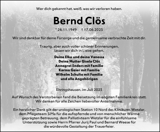Traueranzeige von Bernd Clös von Wetzlarer Neue Zeitung