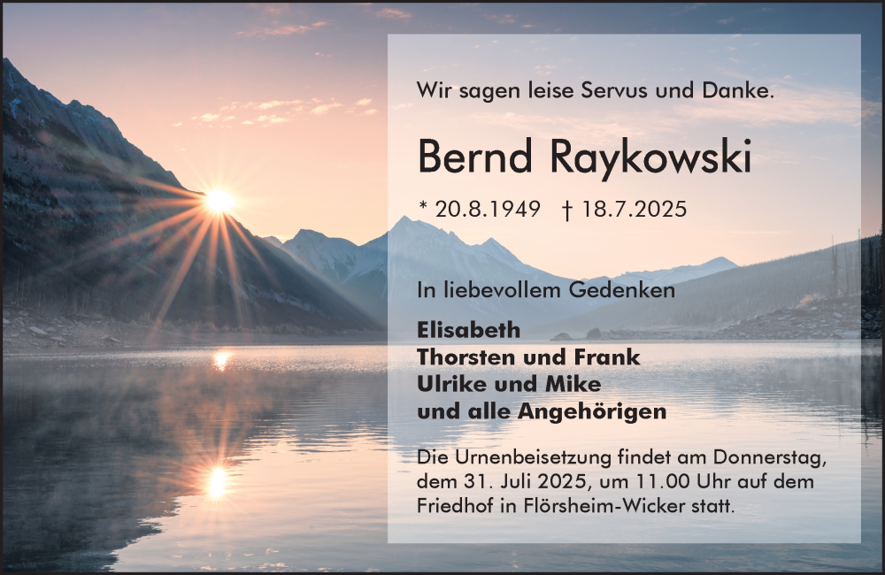  Traueranzeige für Bernd Raykowski vom 26.07.2025 aus Rüsselsheimer Echo