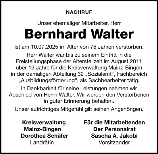 Traueranzeige von Bernhard Walter von Allgemeine Zeitung Mainz