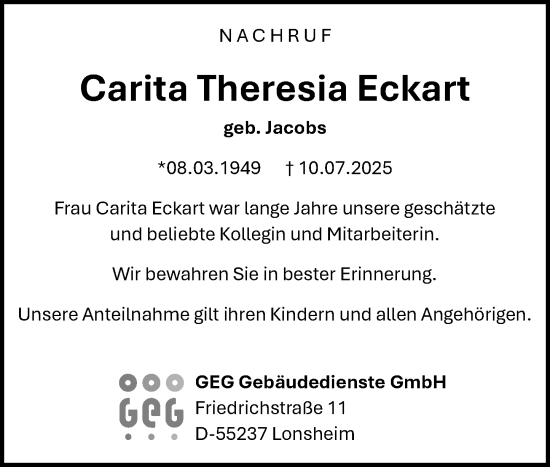 Traueranzeige von Carita Theresia Eckhart von Allgemeine Zeitung Alzey