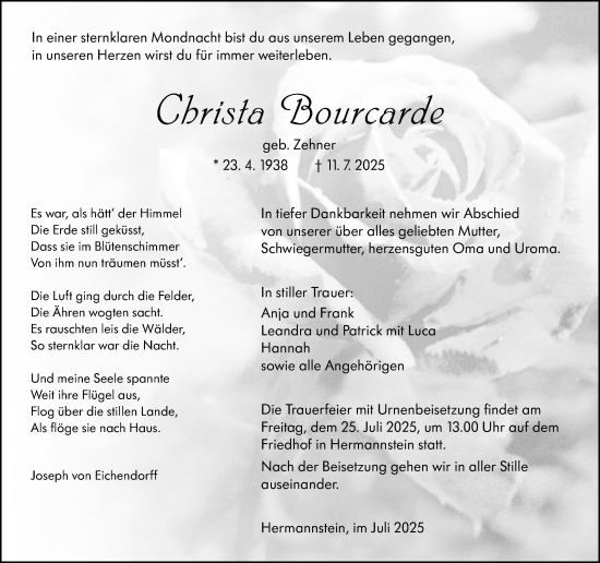 Traueranzeige von Christa Bourcarde von Wetzlarer Neue Zeitung