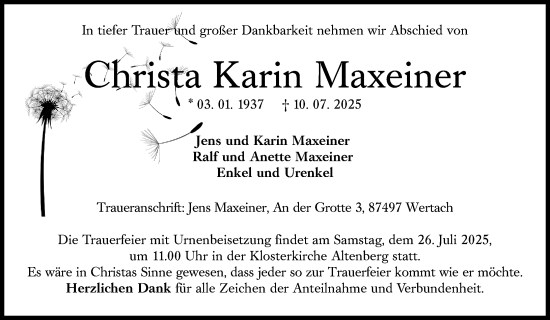 Traueranzeige von Christa Maxeiner von Wetzlarer Neue Zeitung