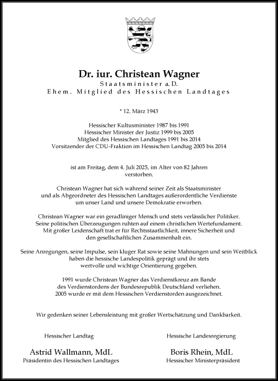 Traueranzeige von Christean Wagner von Wiesbadener Kurier