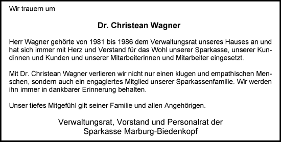 Traueranzeige von Christean Wagner von Hinterländer Anzeiger