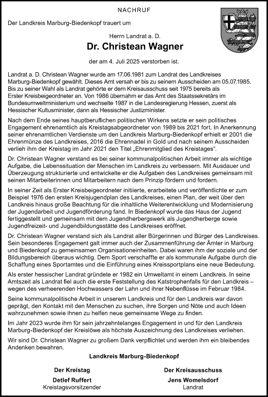 Traueranzeige von Christean Wagner von Hinterländer Anzeiger