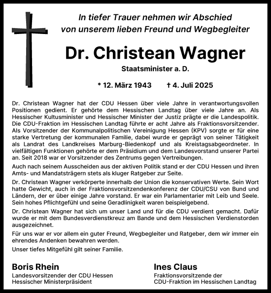 Traueranzeige von Christean Wagner von Hinterländer Anzeiger