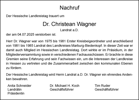 Traueranzeige von Christean Wagner von Hinterländer Anzeiger