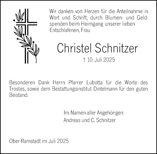 Traueranzeige von Christel Schnitzer von Darmstädter Echo