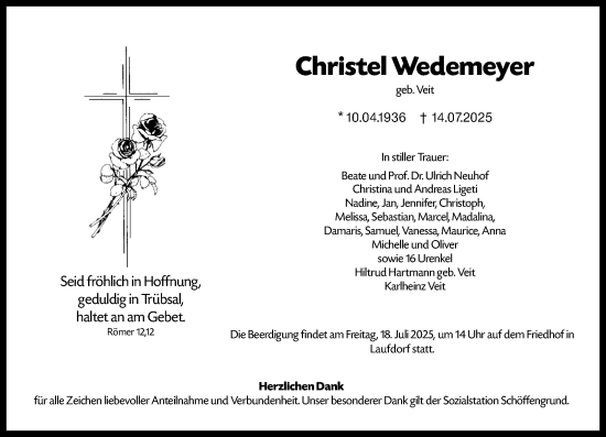 Traueranzeige von Christel Wedemeyer von Wetzlarer Neue Zeitung