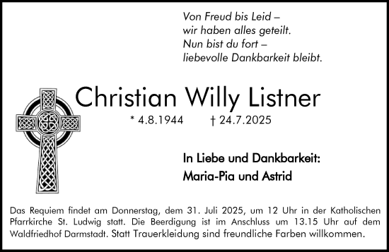 Traueranzeige von Christian Willy Listner von Darmstädter Echo