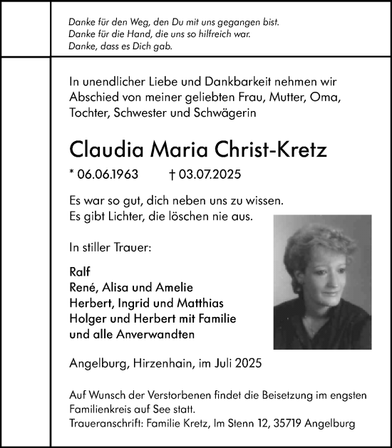 Traueranzeige von Claudia Maria Christ-Kretz von Hinterländer Anzeiger