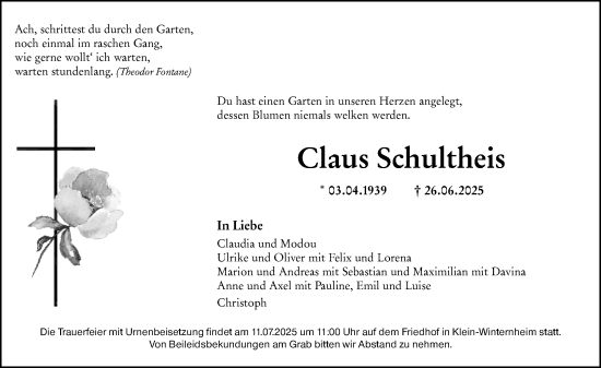 Traueranzeige von Claus Schultheis von Allgemeine Zeitung Mainz