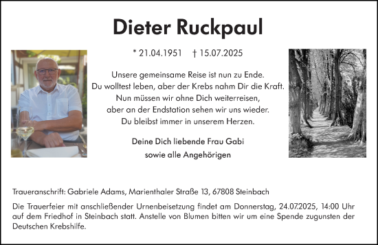 Traueranzeige von Dieter Ruckpaul von Wormser Zeitung