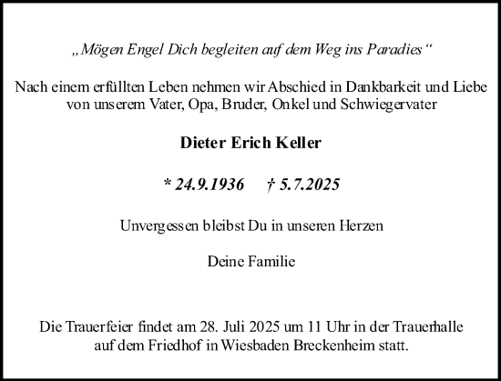 Traueranzeige von Dieter Erich Keller von Wiesbadener Kurier
