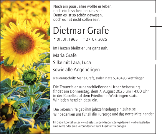 Traueranzeige von Dietmar Grafe von Wormser Zeitung