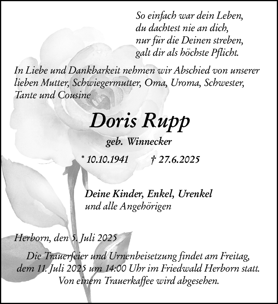  Traueranzeige für Doris Rupp vom 05.07.2025 aus Dill Block