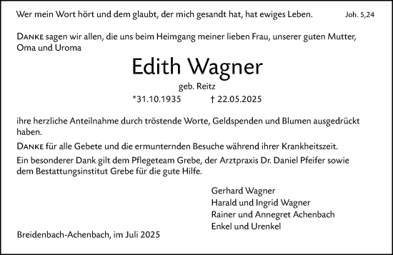 Traueranzeige von Edith Wagner von Hinterländer Anzeiger