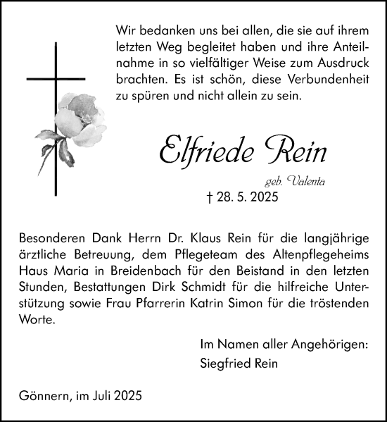 Traueranzeige von Elfriede Rein von Hinterländer Anzeiger