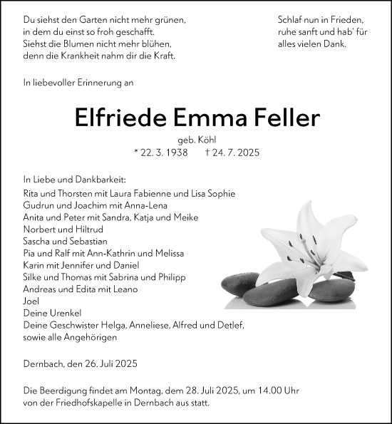 Traueranzeige von Elfriede Emma Feller von Hinterländer Anzeiger