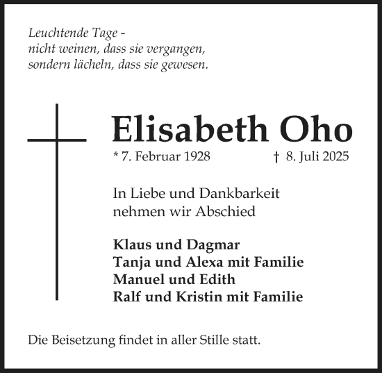 Traueranzeige von Elisabeth Oho von Allgemeine Zeitung Mainz