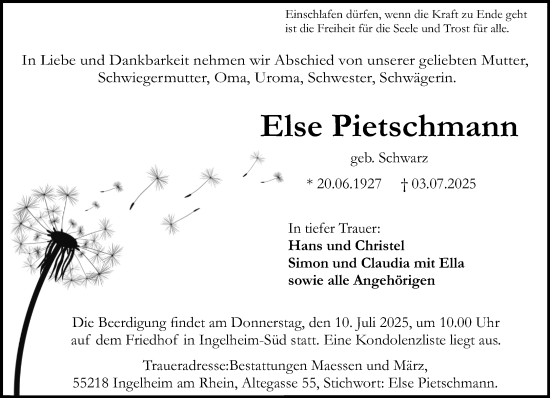 Traueranzeige von Else Pietschmann von Allgemeine Zeitung Rheinhessen-Nahe