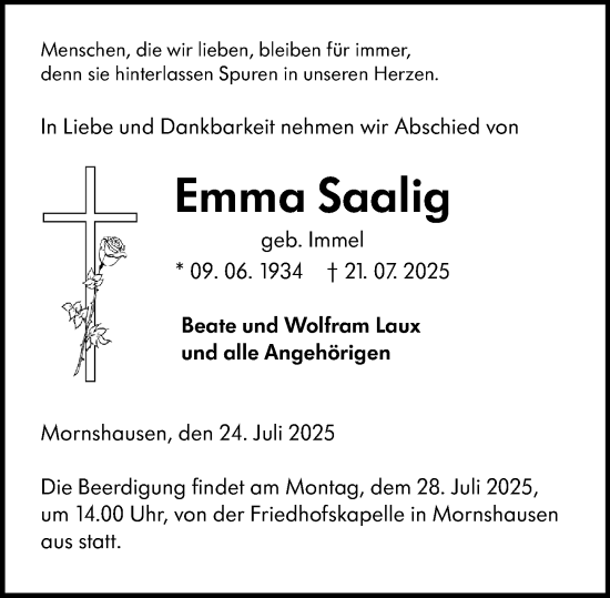 Traueranzeige von Emma Saalig von Hinterländer Anzeiger