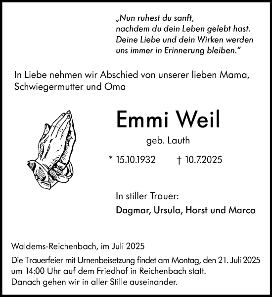 Traueranzeige von Emmi Weil von Camberger Anzeiger
