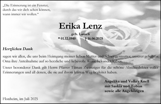 Traueranzeige von Erika Lenz von Allgemeine Zeitung Alzey