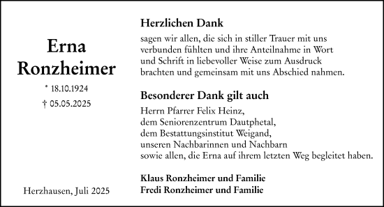 Traueranzeige von Erna Ronzheimer von Hinterländer Anzeiger