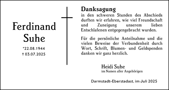 Traueranzeige von Ferdinand Suhe von Darmstädter Echo