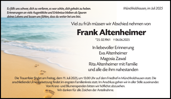 Traueranzeige von Frank Altenheimer von Wetzlarer Neue Zeitung