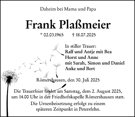 Traueranzeige von Frank Plaßmeier von Hinterländer Anzeiger