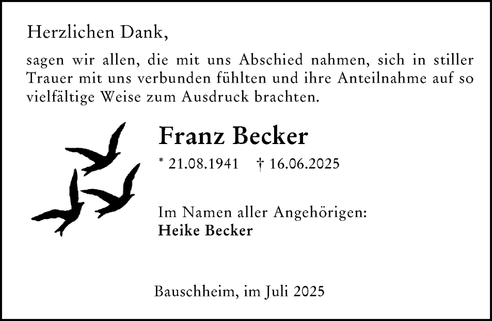  Traueranzeige für Franz Becker vom 19.07.2025 aus Rüsselsheimer Echo
