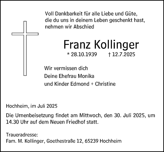 Traueranzeige von Franz Kollinger von Hochheimer Zeitung