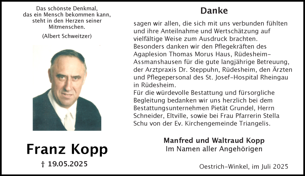  Traueranzeige für Franz Kopp vom 05.07.2025 aus Wiesbadener Kurier