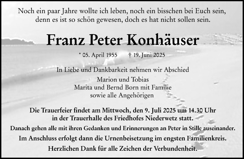  Traueranzeige für Franz Peter Konhäuser vom 05.07.2025 aus Wetzlarer Neue Zeitung