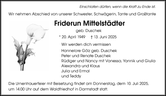 Traueranzeige von Friderun Mittelstädter von Darmstädter Echo