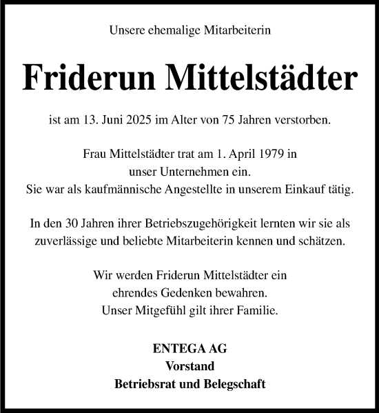 Traueranzeige von Friderun Mittelstädter von Odenwälder Echo