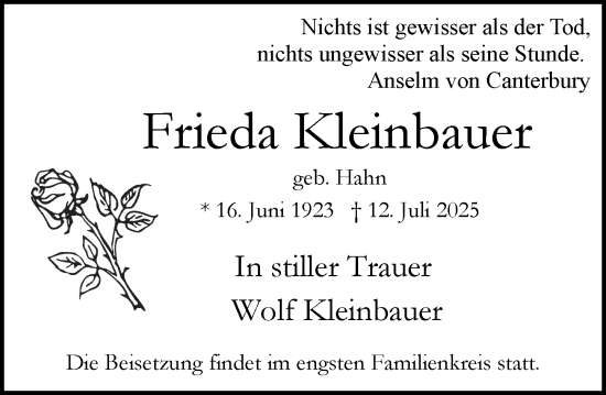 Traueranzeige von Frieda Kleinbauer von Wiesbadener Kurier
