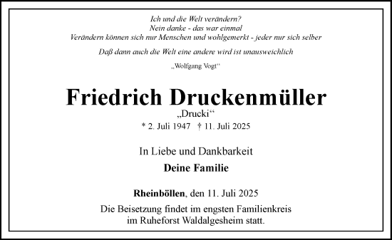 Traueranzeige von Friedrich Druckenmüller von Allgemeine Zeitung Rheinhessen-Nahe