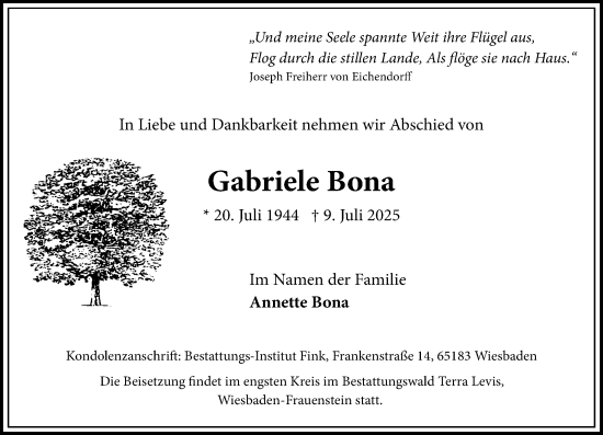 Traueranzeige von Gabriele Bona von Wiesbadener Kurier