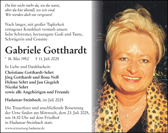 Traueranzeige von Gabriele Gotthardt von Nassauische Neue Presse